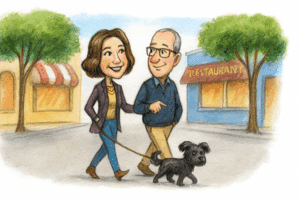 illustration of eileen and hubby walking dog