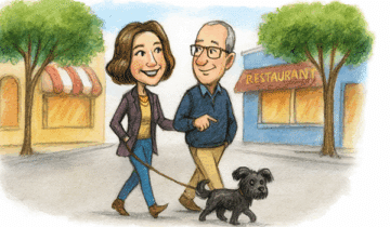 illustration of eileen and hubby walking dog